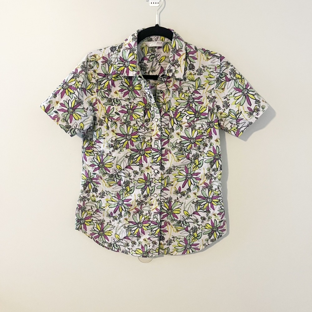 Stio Womens Short Sleeve Floral Snap Front Shirt Purple Green Small 100130
